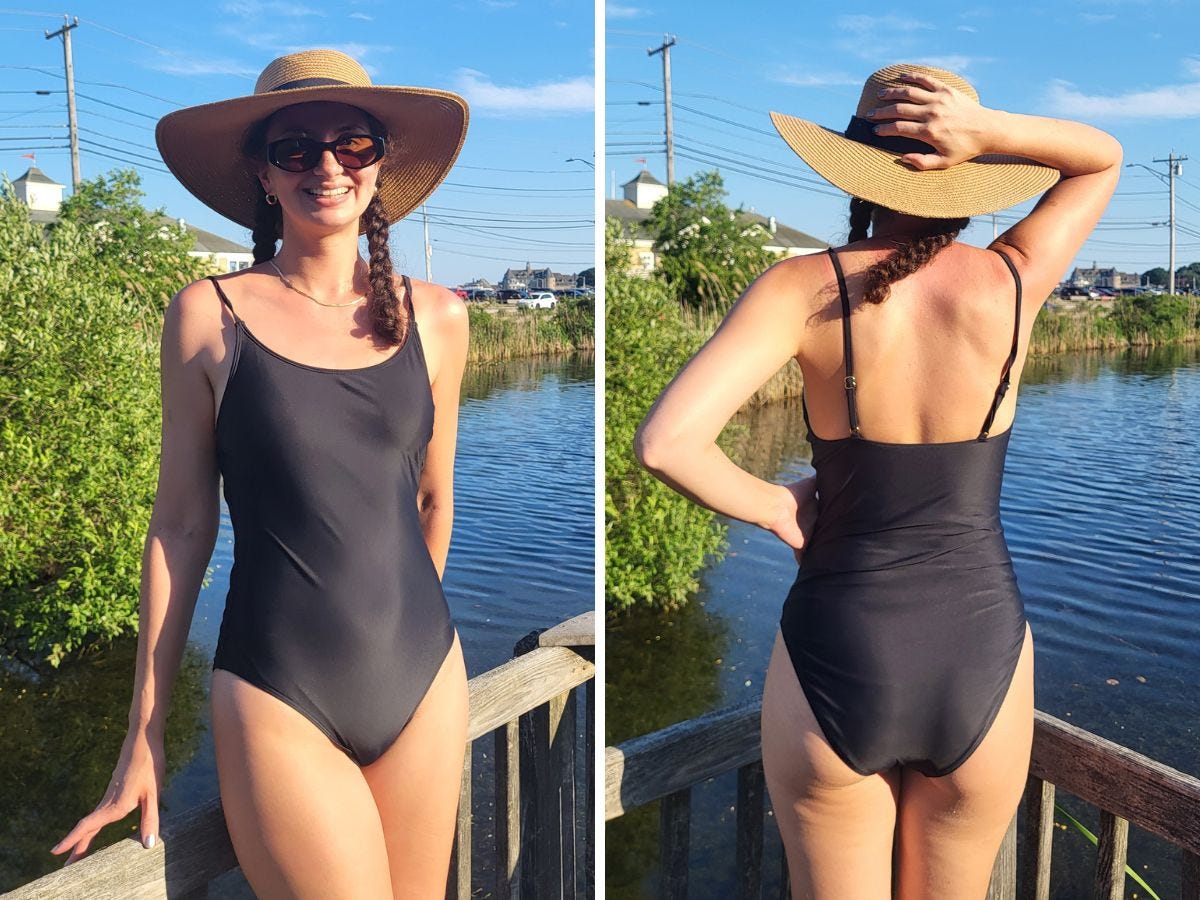 Person in a black one-piece swimsuit and wide straw hat poses by waterfront railing in split front-and-back views.