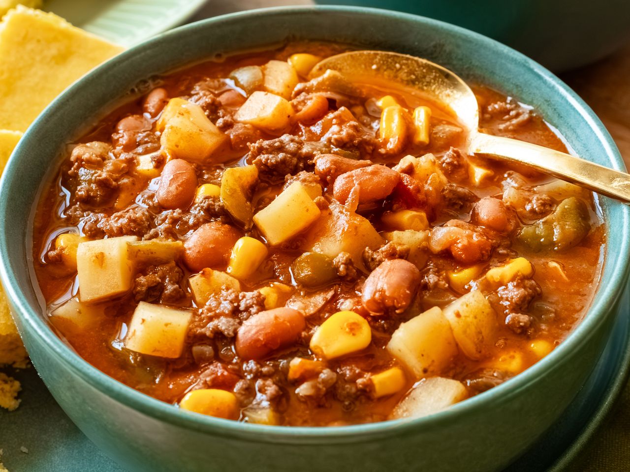 A bowl of hearty soup with beans potatoes corn and meat served with a gold spoon a piece of cornbread on the side