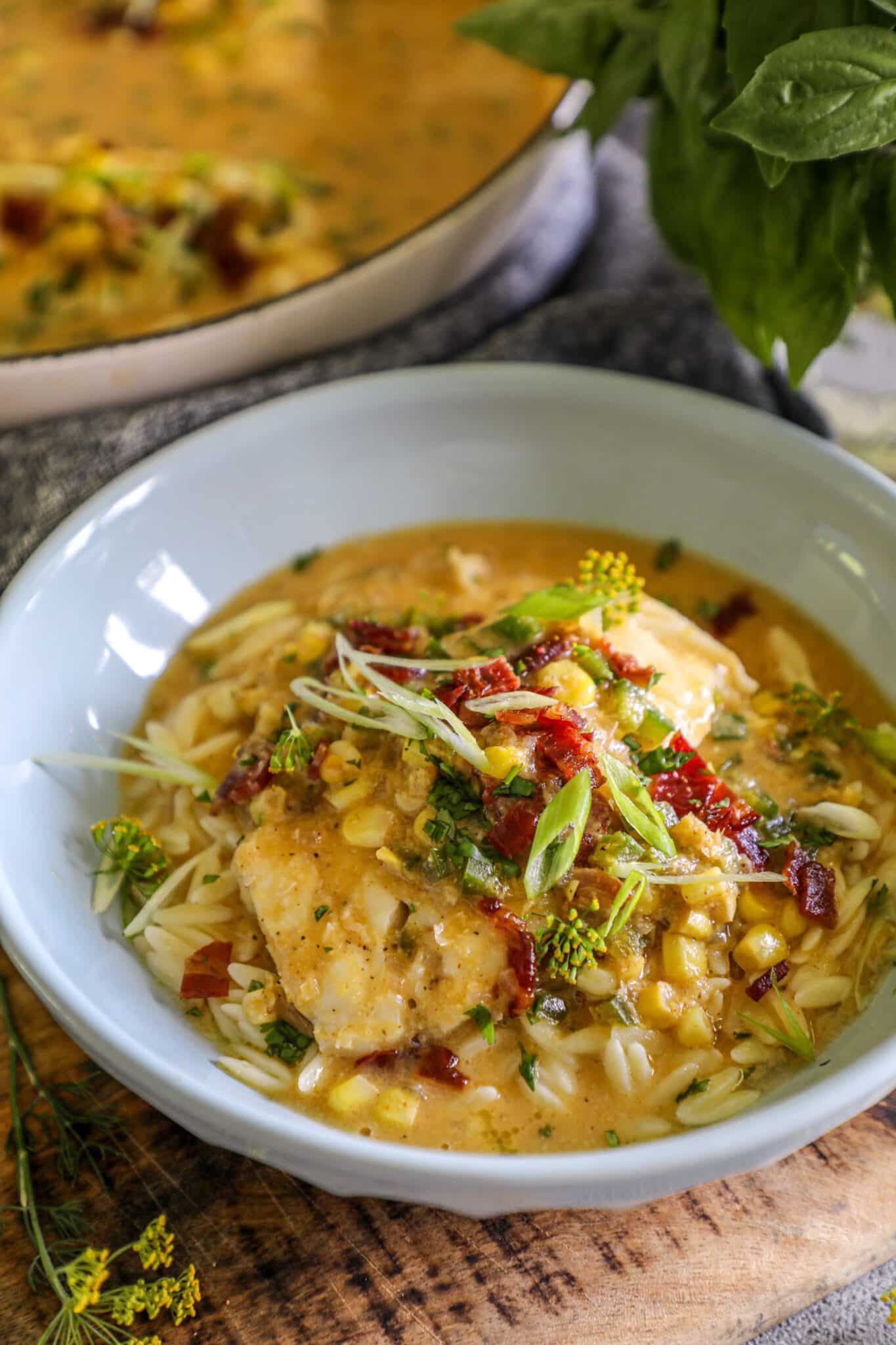Coconut corn chowder poached cod