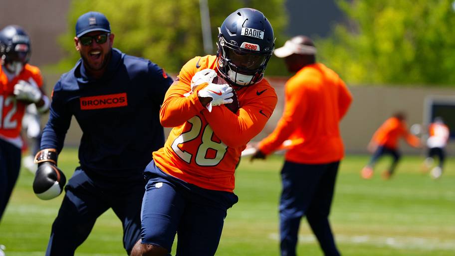 Jun 16, 2026; Englewood, CO, USA; Denver Broncos running back Tyler Badie (28) during mini camp at Broncos Park. Mandatory Cr
