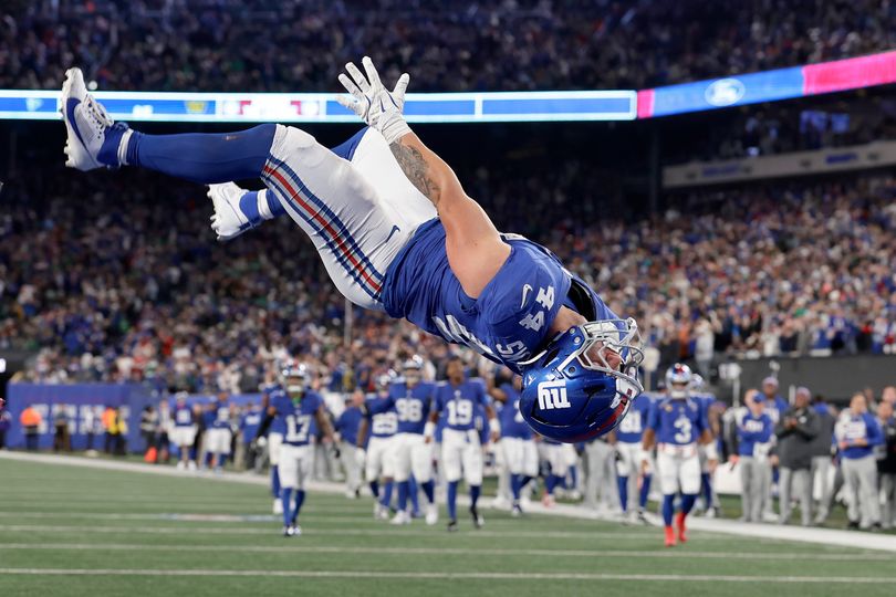 Cam Skattebo's trademark celebration is a backflip, which he did throughout his rookie season