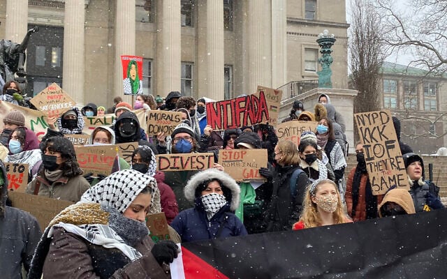 Anti-Israel protesters on the steps of Low Memorial Library at Columbia University, January 19, 2024. (Courtesy CJAA)