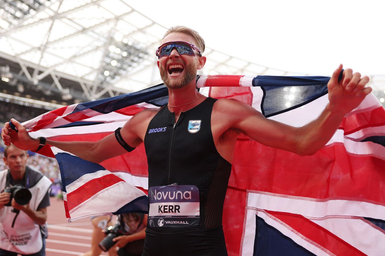 Josh Kerr of Team Great Britain celebrates after winning the 1 Mile Men's Final and setting a new World Record during the Novuna London Athletics Meet, part of the 2026 Wanda Diamond League, at London Stadium on July 18, 2026 in London, England.