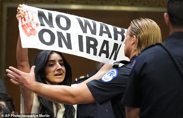 U.S. Capitol Police remove a protester from the Tuesday hearing