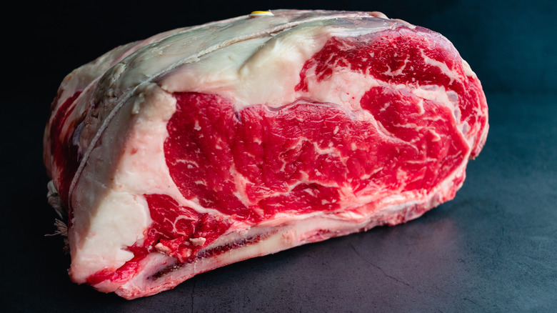 A large, raw beef prime rib roast sits on a dark blue surface, bound with kitchen twine