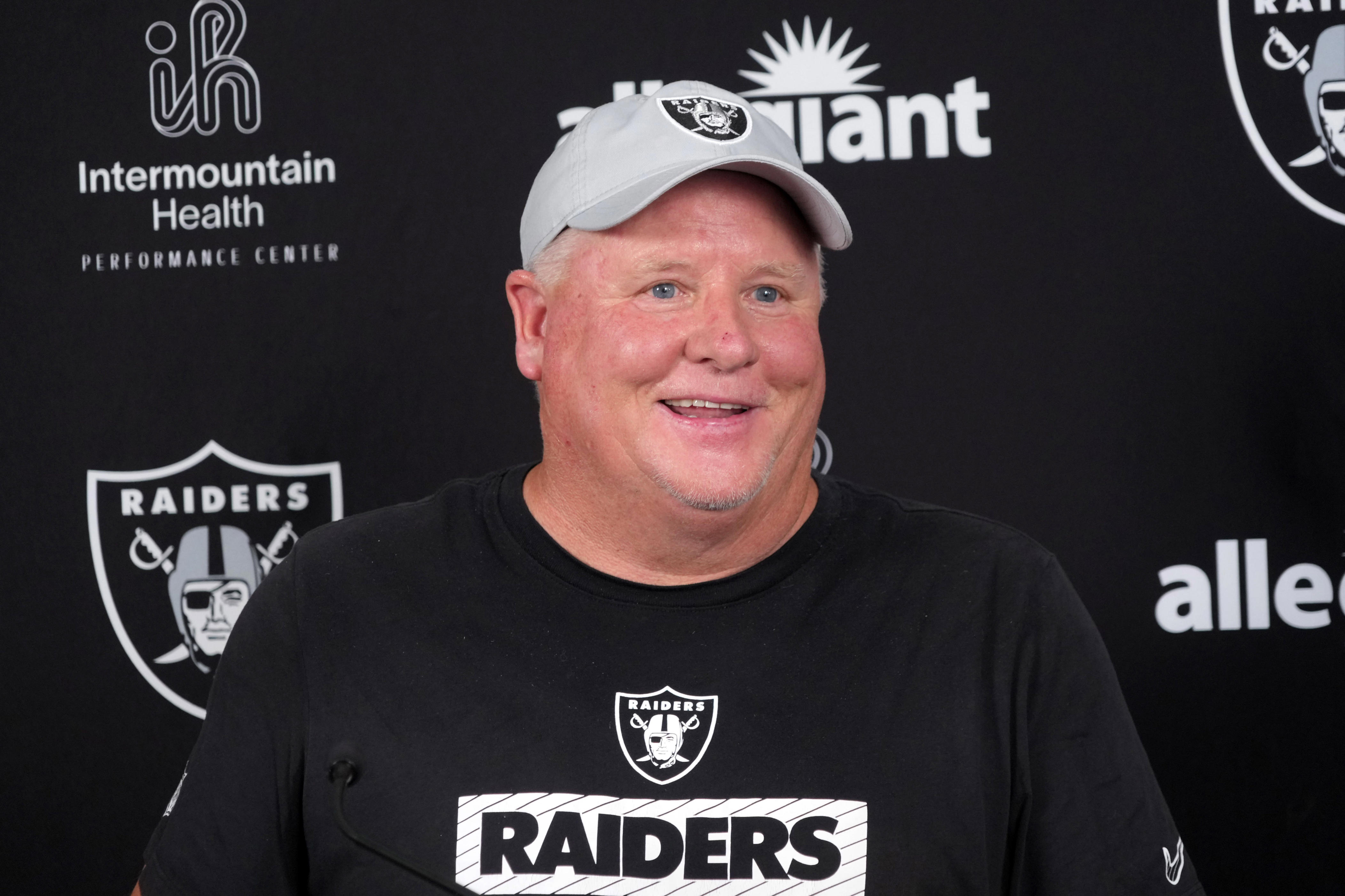 Jul 24, 2025; Henderson, NV, USA; Las Vegas Raiders offensive coordinator Chip Kelly during training camp press conference at the Intermountain Healthcare Performance Center. Mandatory Credit: Kirby Lee-Imagn Images