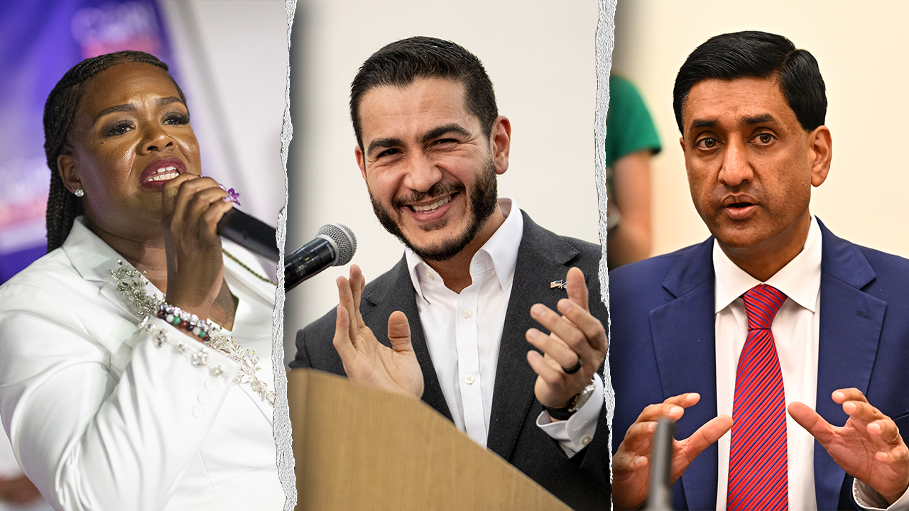 Former Democratic Missouri congresswoman and current candidate Cori Bush (left), Democratic Michigan Senate candidate Abdul El Sayed (center) and Rep. Ro Khanna (right), D-Calif., participated in a Progressive Victory rally which began with a speaker bashing America as a Nazi-type regime.