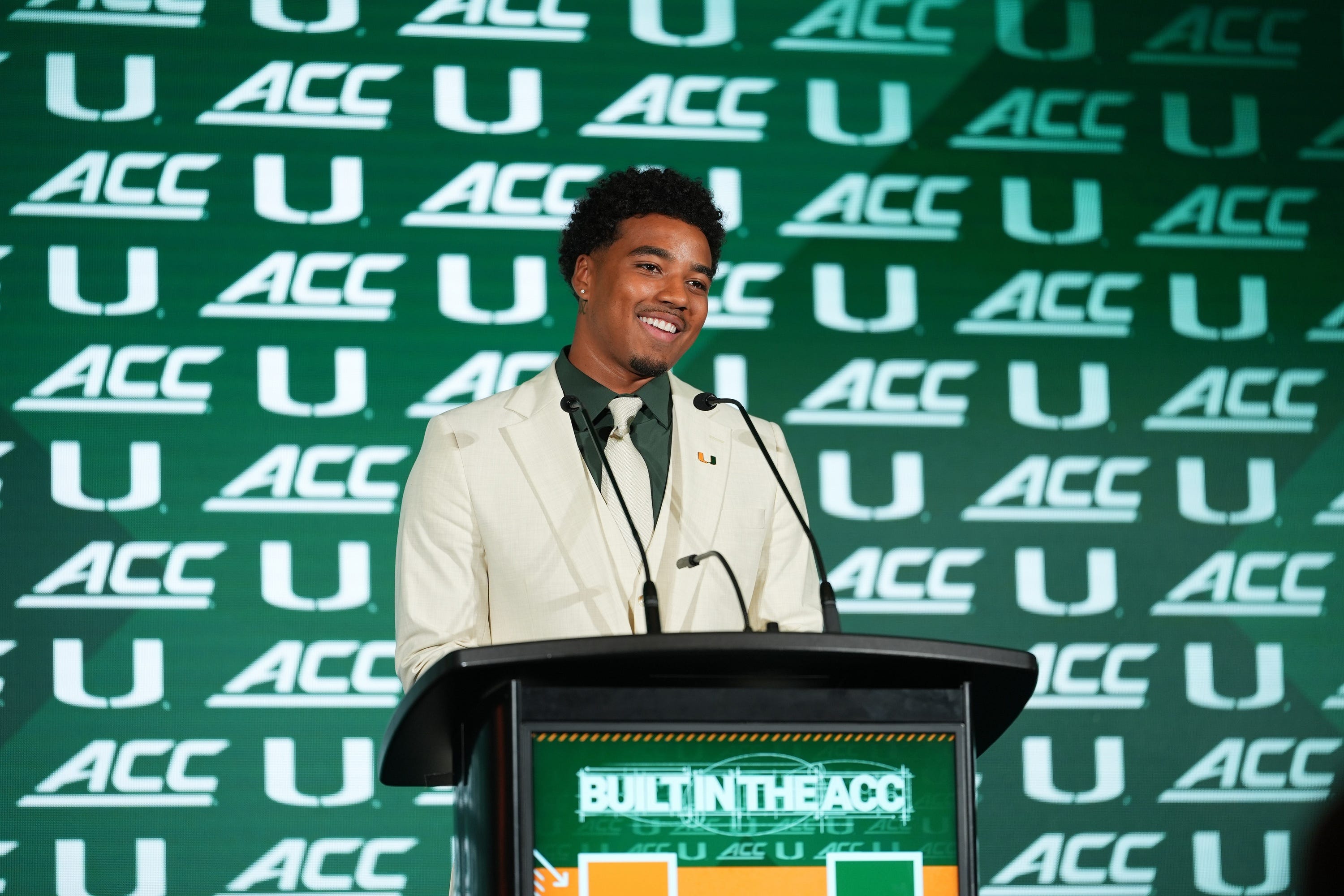 Jul 15, 2026; Charlotte, NC, USA; Miami quarterback Darian Mensah speaks to the media during ACC Media Days at Hilton Charlotte Uptown. Mandatory Credit: Jim Dedmon-Imagn Images