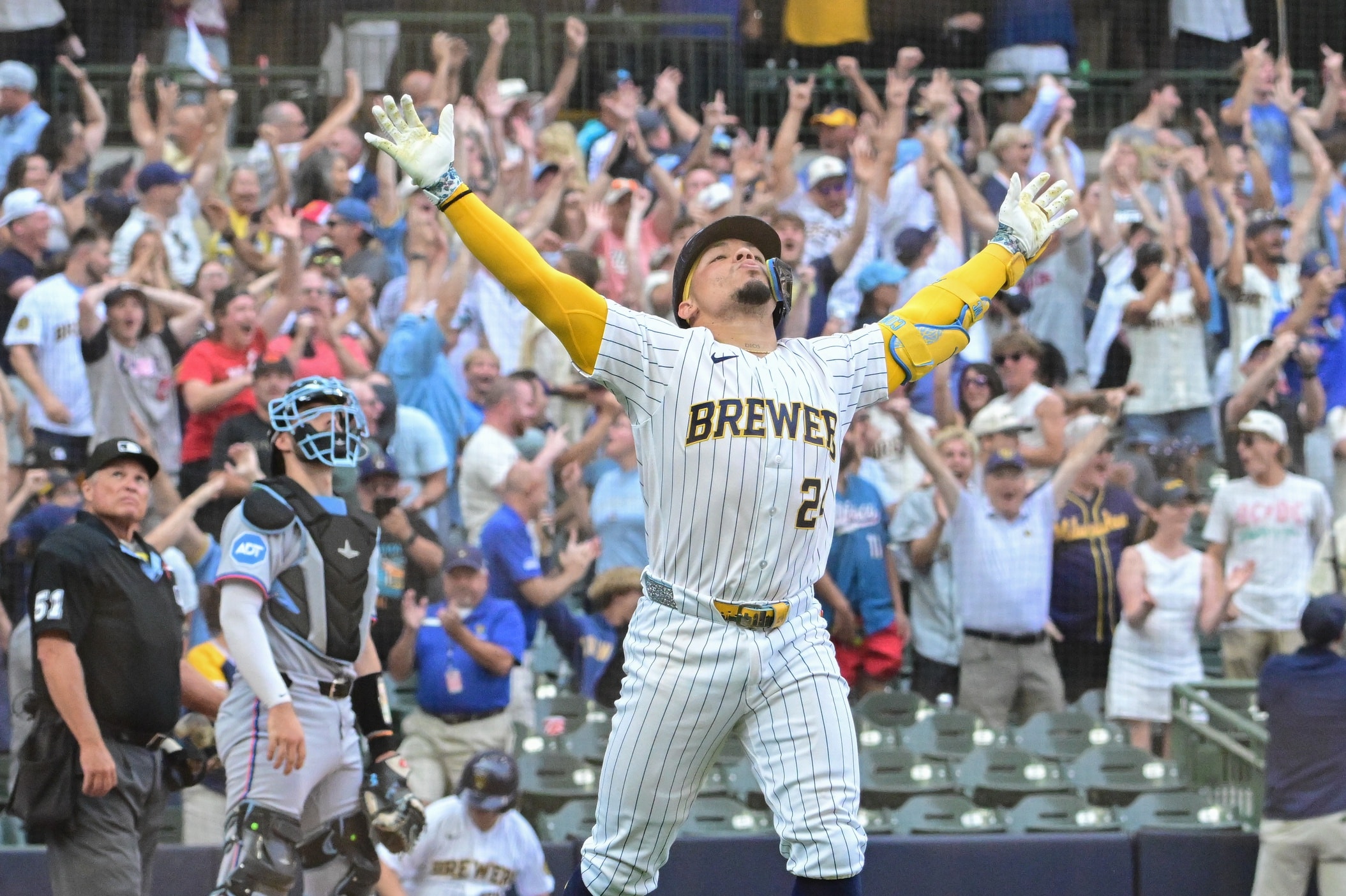 Jul 19, 2026; Milwaukee, Wisconsin, USA; Milwaukee catcher Contreras (24) reacts after hitting game winning three run home run in the ninth inning against the Marlins at American Family Field. Mandatory Credit: Benny Sieu-Imagn Images