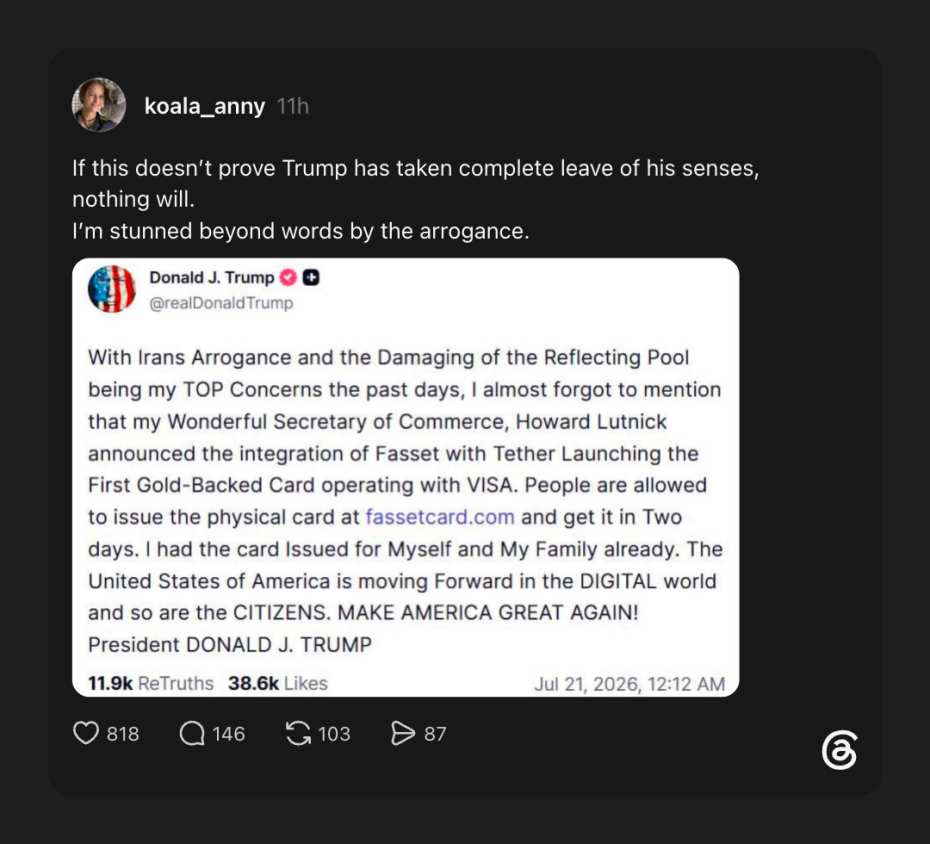 Grandpa Pudding Brains turns foreign policy into a crypto gold-card ad