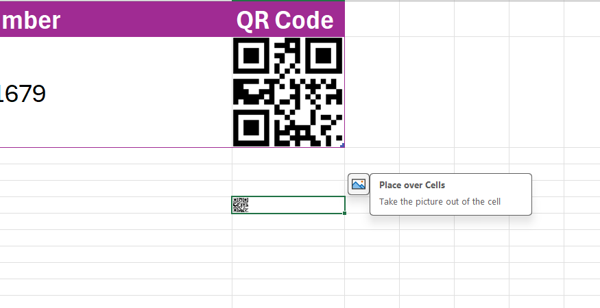 A QR code in Excel is duplicated via Paste as Value, and the Place over Cells option is displayed.