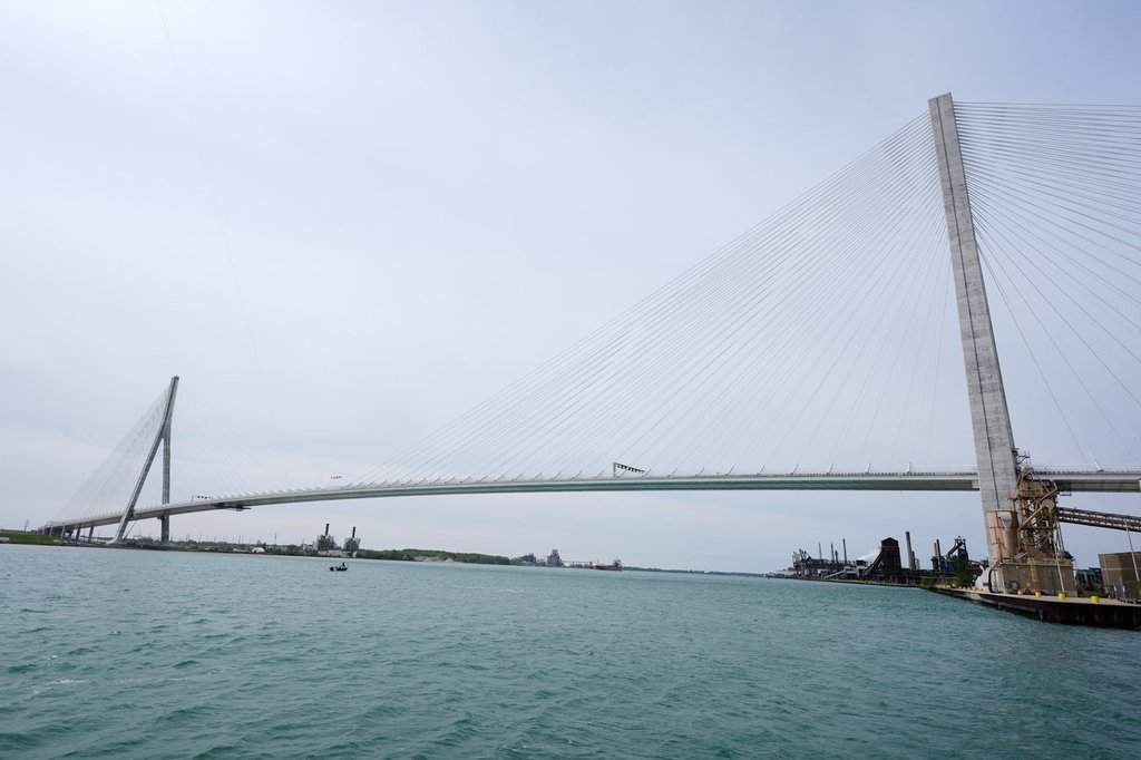 The Gordie Howe Bridge is shown under construction between Windsor, Ontario and Detroit, Friday, May 22, 2026.