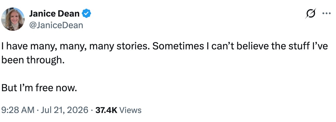 Janice Dean cryptically posted Tuesday that she is “free now” after decades at Fox News. / @JaniceDean/X