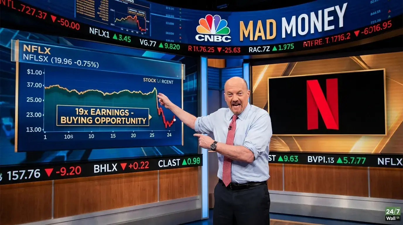 Jim Cramer, an older bald man wearing a light blue shirt and red patterned tie, stands on the set of CNBC's Mad Money. He is smiling broadly and pointing with both hands at a large blue screen displaying a Netflix (NFLX) stock chart with a red downward trend. The screen text reads '19x EARNINGS - BUYING OPPORTUNITY.' To his right, another black screen shows the red Netflix 'N' logo. Scrolling stock tickers are visible above and below the main screens.