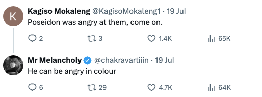 Social media post: One user jokes about Poseidon's anger; another humorously suggests he can be angry in color