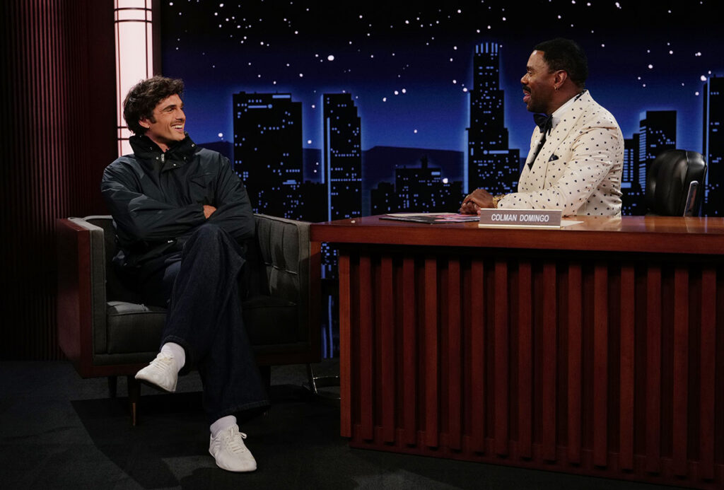 Colman Domingo interviews Jacob Elordi on Jimmy Kimmel Live! wearing custom dunhill.