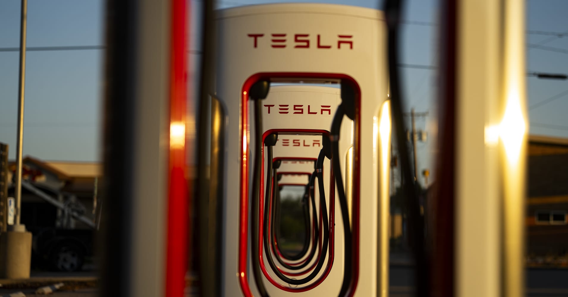 Tesla Inc. charging stations behind the Conoco Tower Station and U-Drop Inn Cafe along the historic Route 66 on June 7, 2026 in Shamrock, Texas.