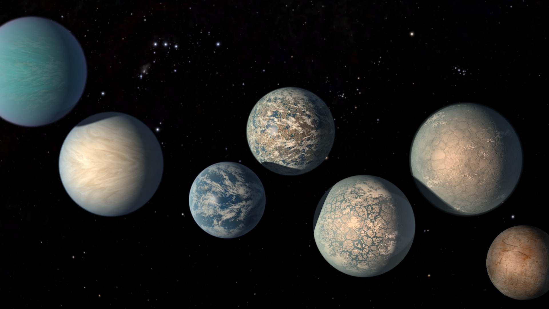 Seven planets of different sizes and with different patterns and colors illustrated against the darkness of space.