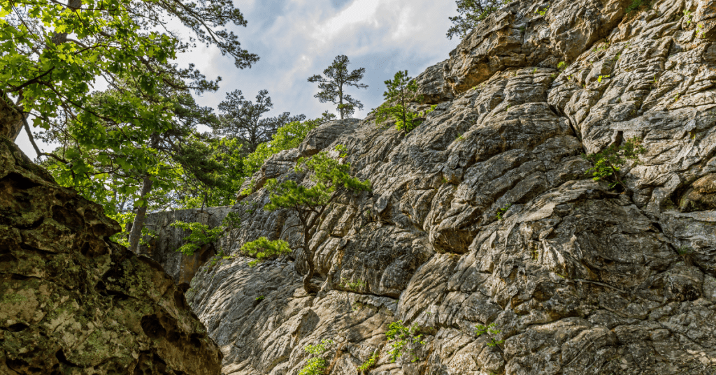 Rocks and trees along a trail in Robbers Cave State Park in Wilburton, OK