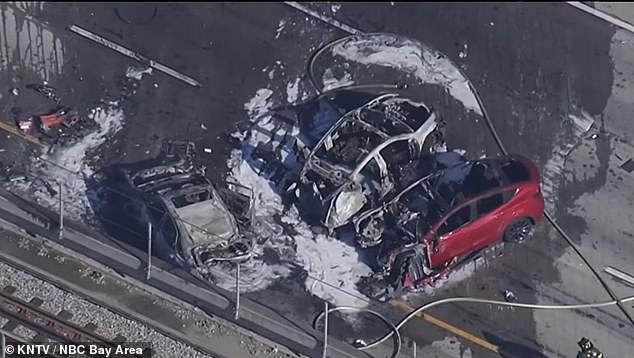 Photographs from the scene show two cars burned to a crisp, with a third half-destroyed vehicle laying nearby in the aftermath