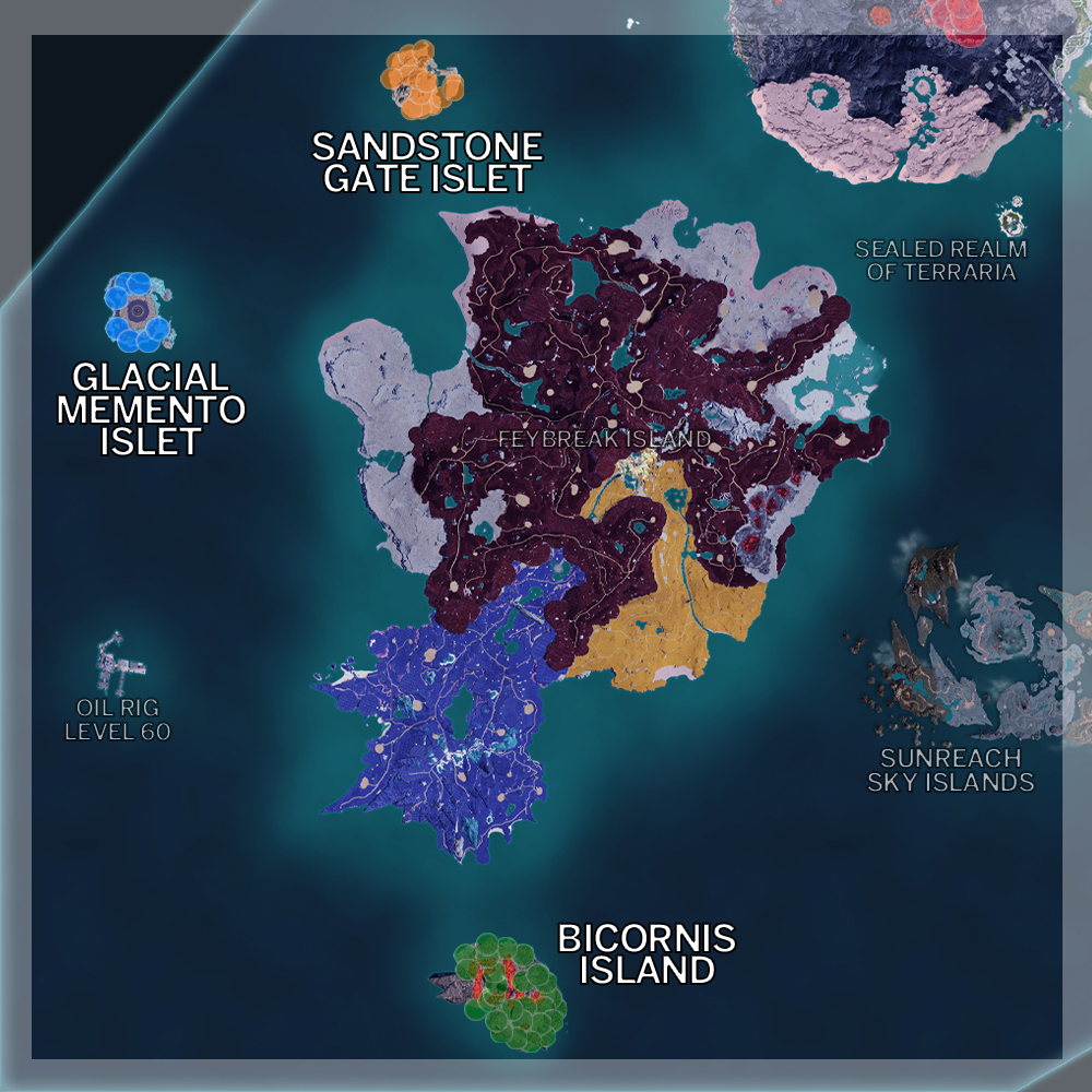 Palworld - Map of Feybreak Island and its surrounding islets highlighting where to find Palworld in version 1.0