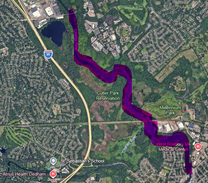 Massachusetts health officials provided a map highlighting the areas of the Charles River under a precautionary cyanobacteria advisory while testing is completed following the incident (Google Maps)
