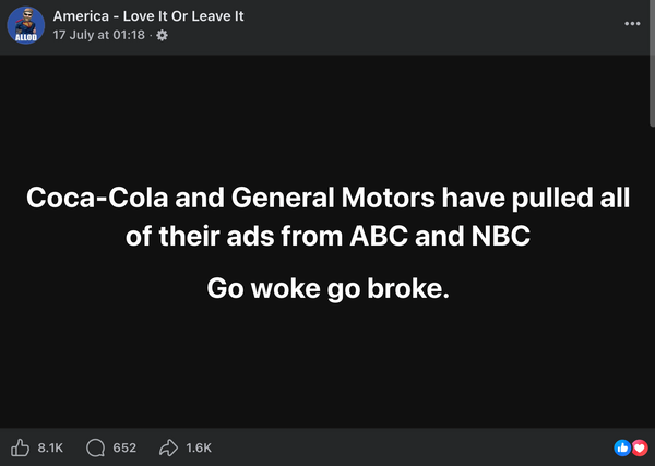 A screenshot shows an America Loves Liberty Facebook post claiming Coca-Cola and GM pulled their ads from ABC and NBC.