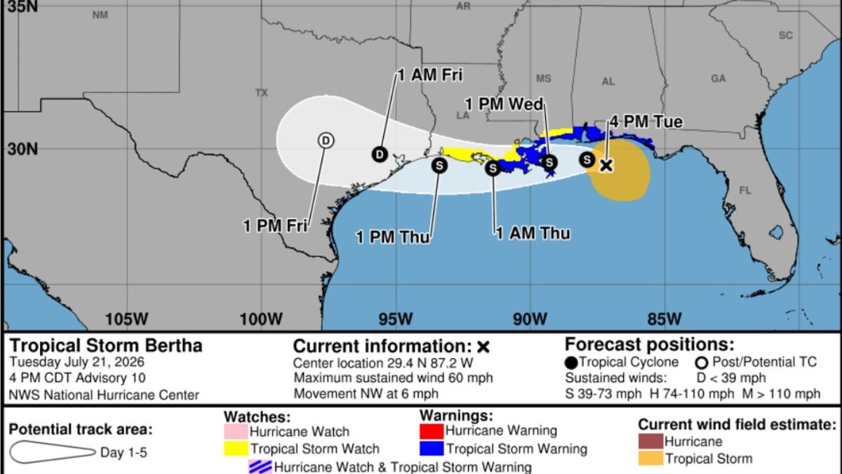 Tropical Storm Bertha's location and projected path as of Tuesday evening.