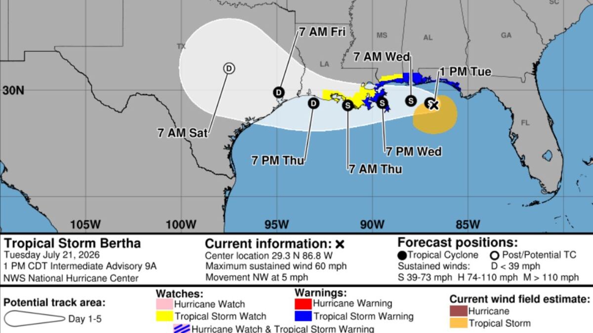 Tropical Storm Bertha strengthens as it nears Gulf Coast