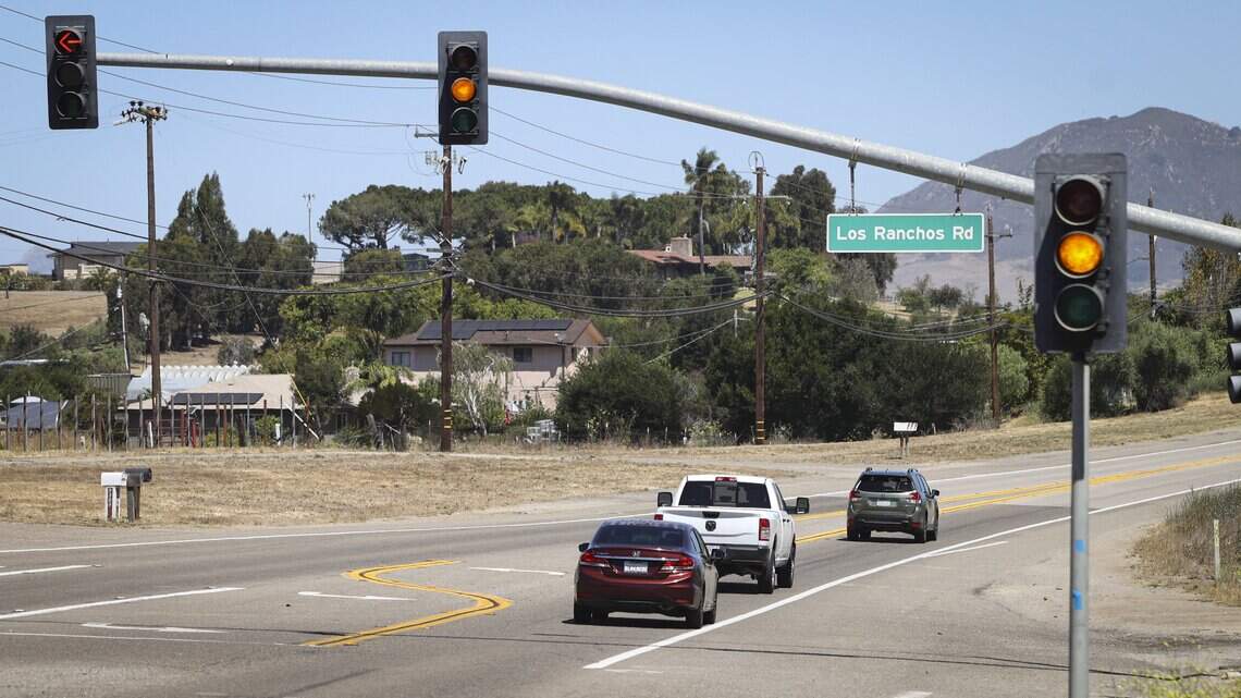 Plans for two roundabouts are underway to replace existing traffic lights on Highway 227. One roundabout will be constructed at Los Ranchos Road, as seen on July 16, 2026.