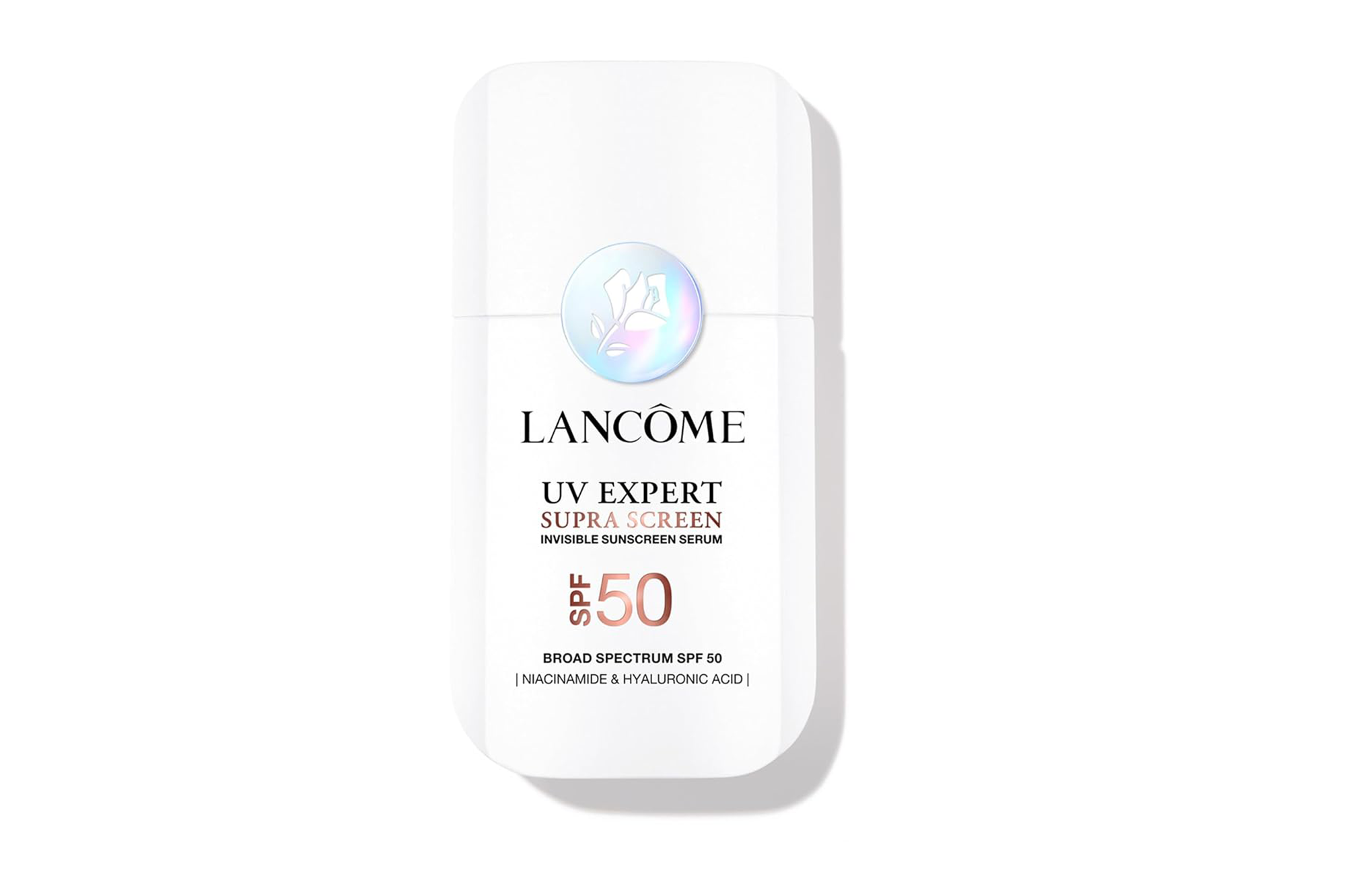 Lancôme UV Expert Supra Screen SPF 50 invisible sunscreen serum with Niacinamide and Hyaluronic Acid.