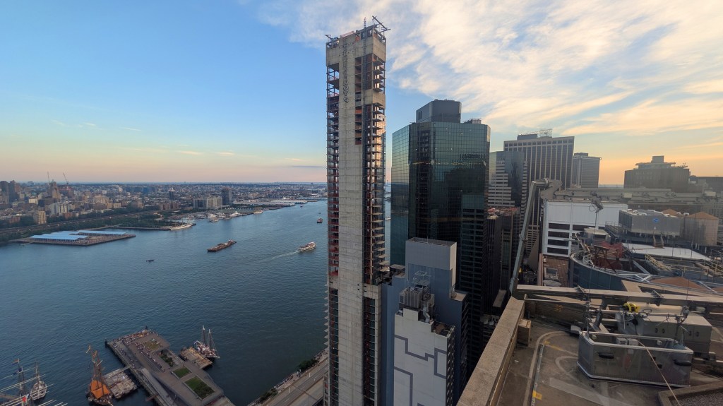 The incomplete One Seaport skyscraper at 161 Maiden Lane in Lower Manhattan, pictured on July 4, 2026 around sunset.