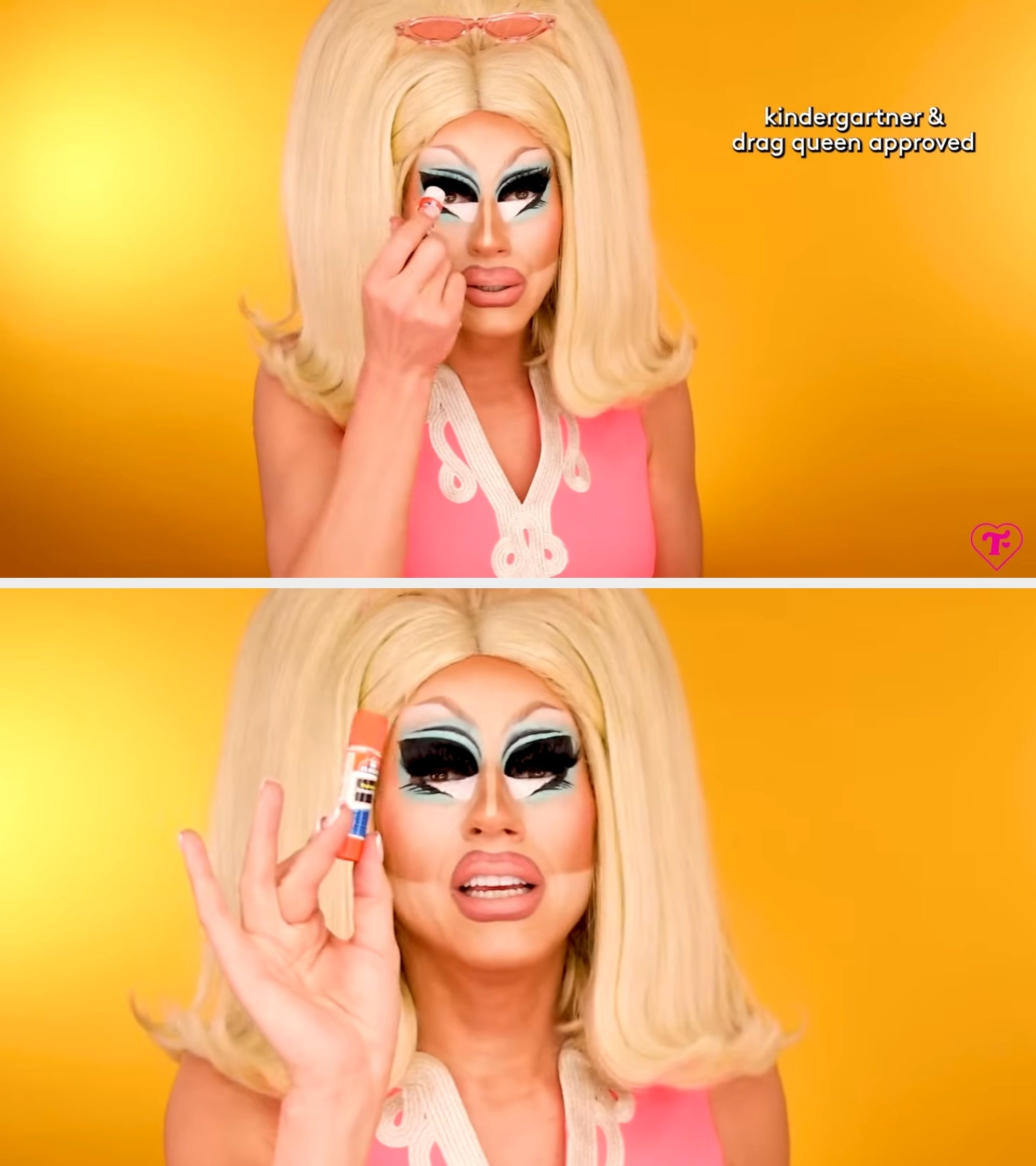 Person with dramatic makeup and sunglasses on head, holding a small object to their eye. Text: "kindergartner & drag queen approved."