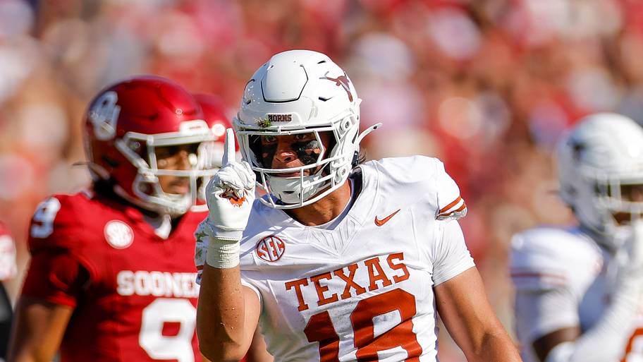 Oct 12, 2024; Dallas, Texas, USA; Texas Longhorns linebacker Liona Lefau (18) celebrates a play during the second quarter aga