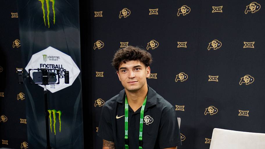 Jul 7, 2026; Frisco, TX, USA; Colorado wide receiver Danny Scudero speaks with reporters during Big 12 Conference Football