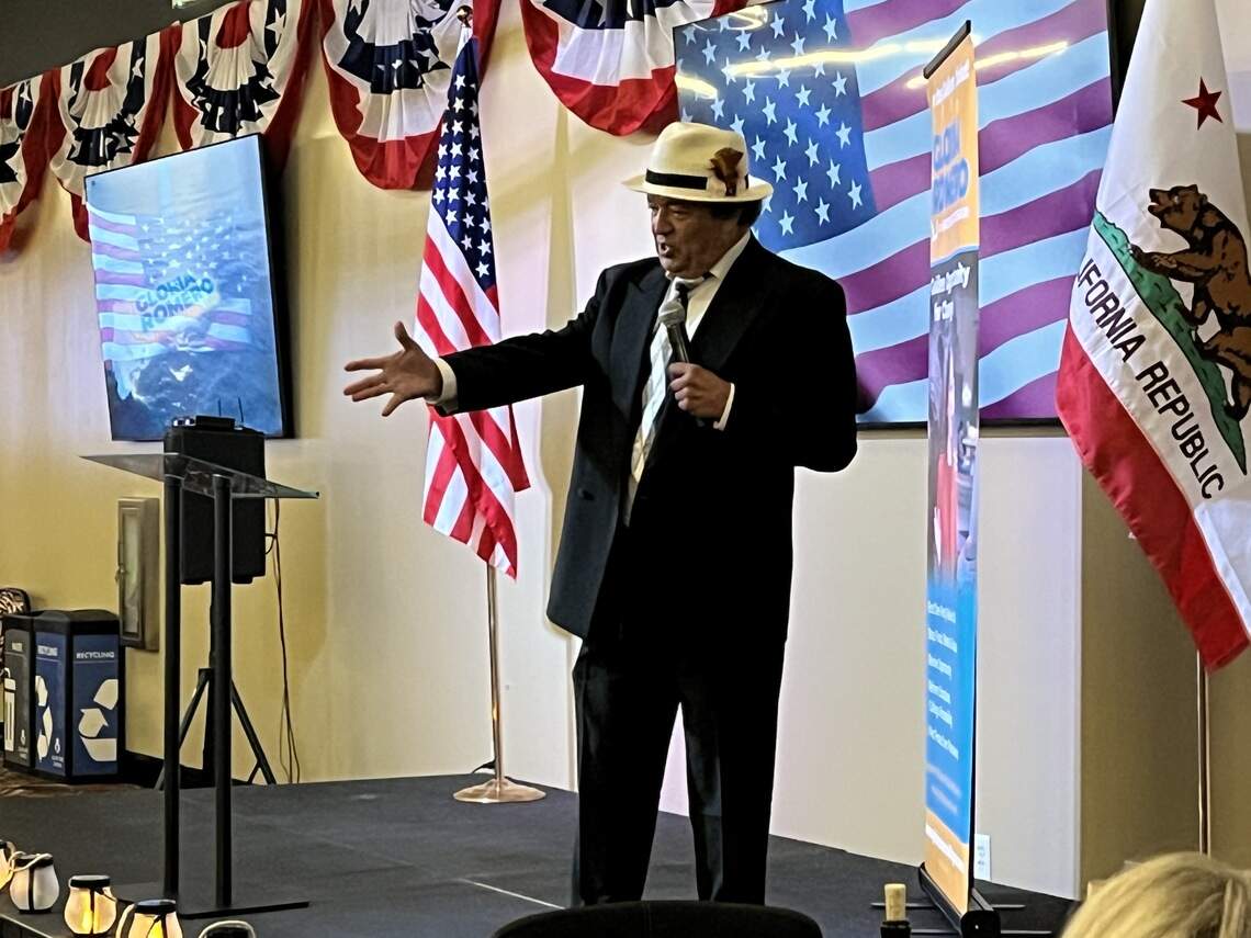 Comedian Paul Rodriguez performs at a fundraiser for lt. governor candidate Gloria Romero at the Club One Casino in Fresno on July 20, 2026.