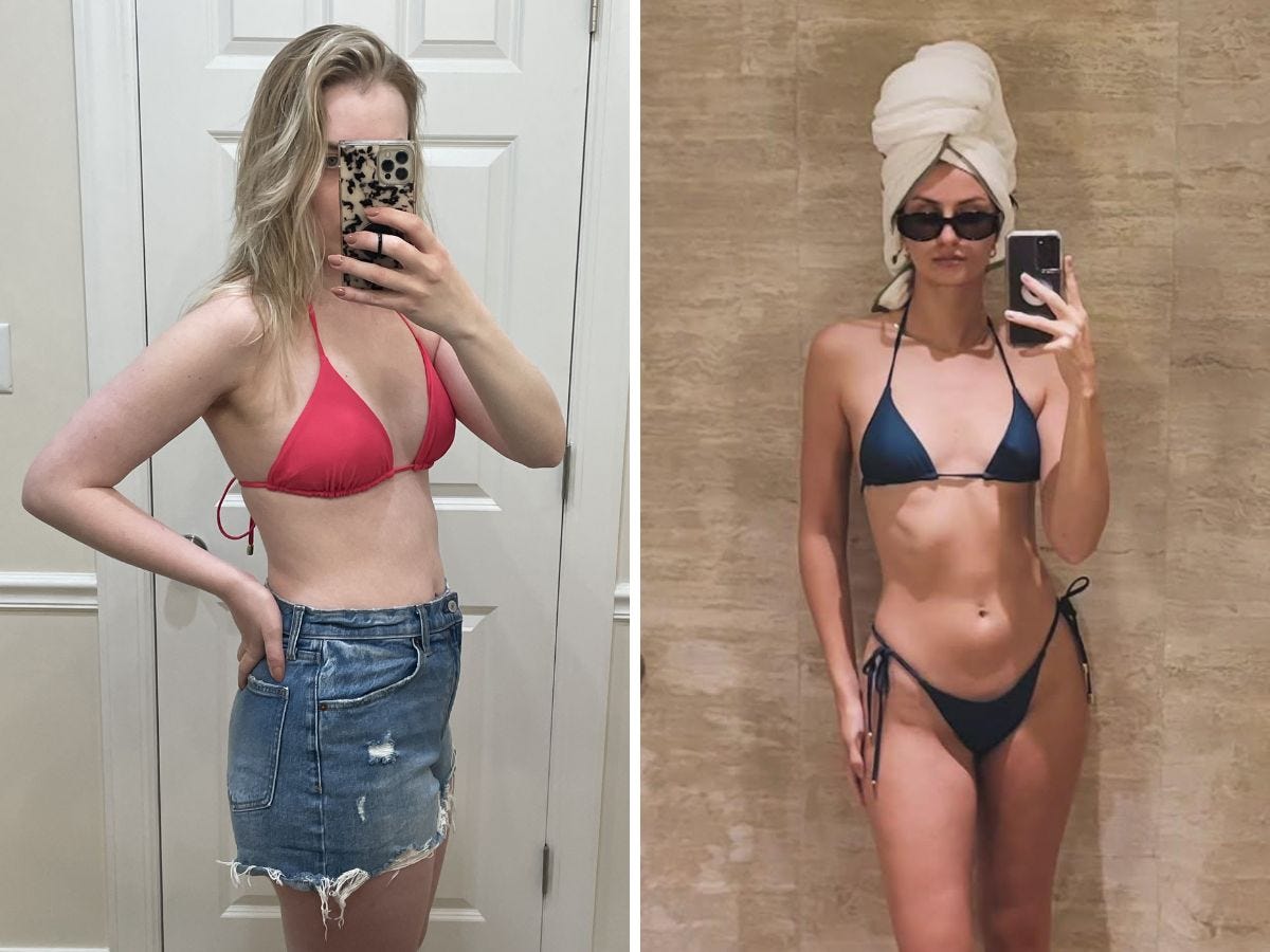 Side-by-side mirror selfies show two people posing in bikini tops, one with a denim skirt and one in sunglasses.