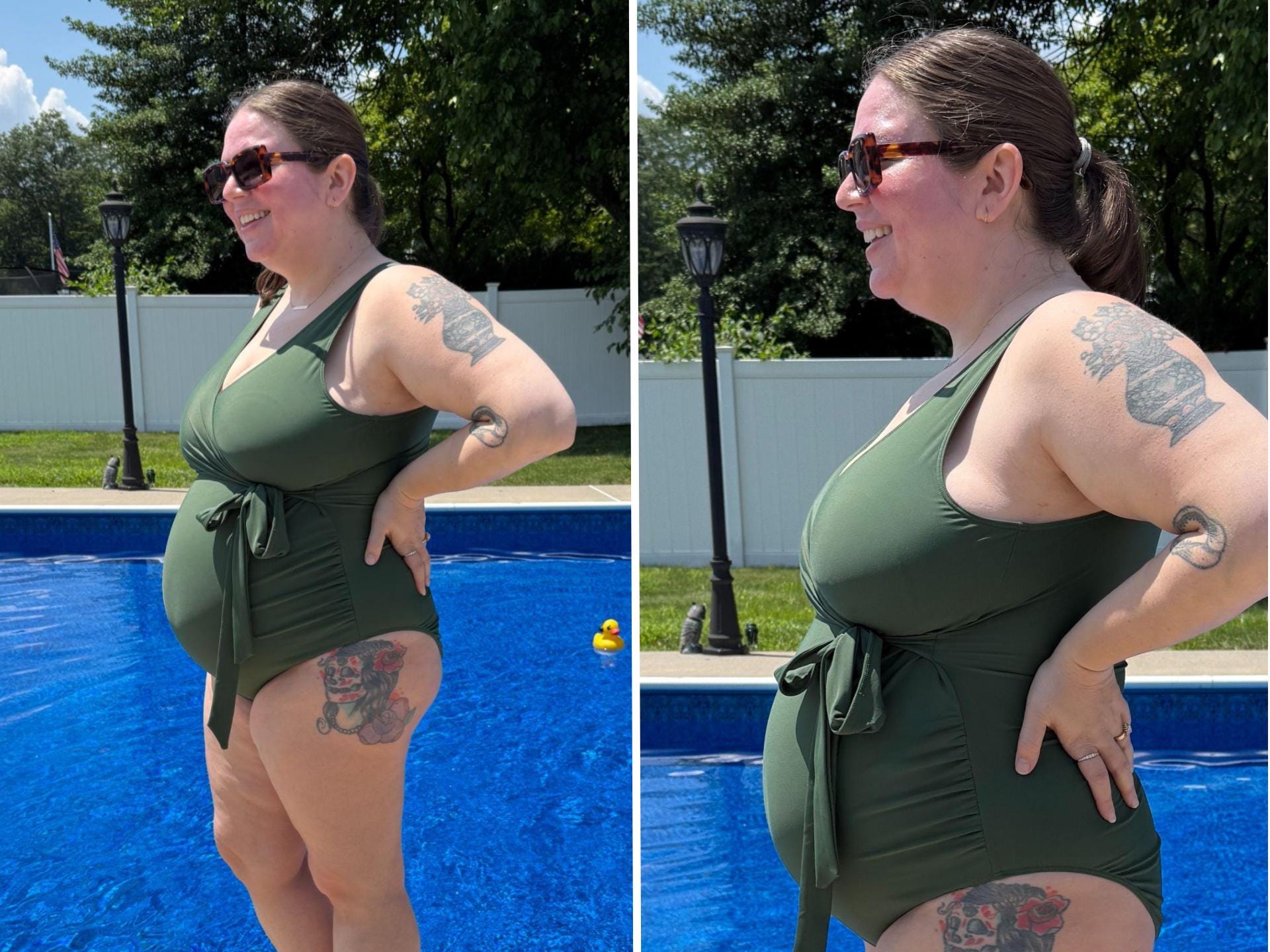 An image of a pregnant woman wearing a green one-piece wrap bathing suit from Quince