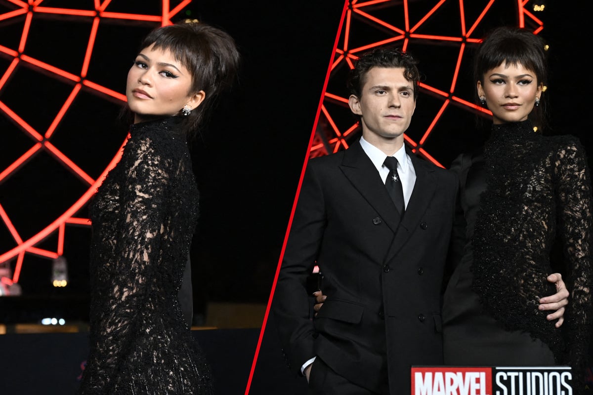Zendaya went full goth-glam as she and Tom Holland (c) promoted Spider-Man: Brand New Day in Mexico.