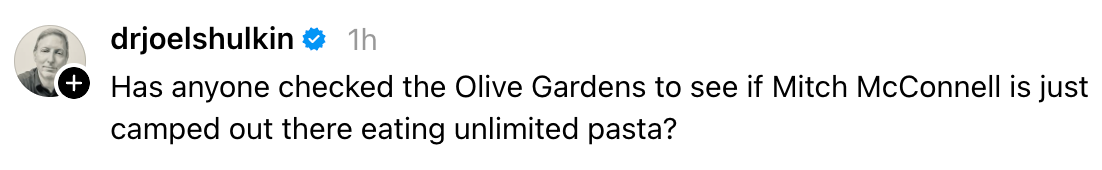 Screenshot of an Instagram post by drjoelshulkin joking about Mitch McConnell possibly eating unlimited pasta at Olive Garden