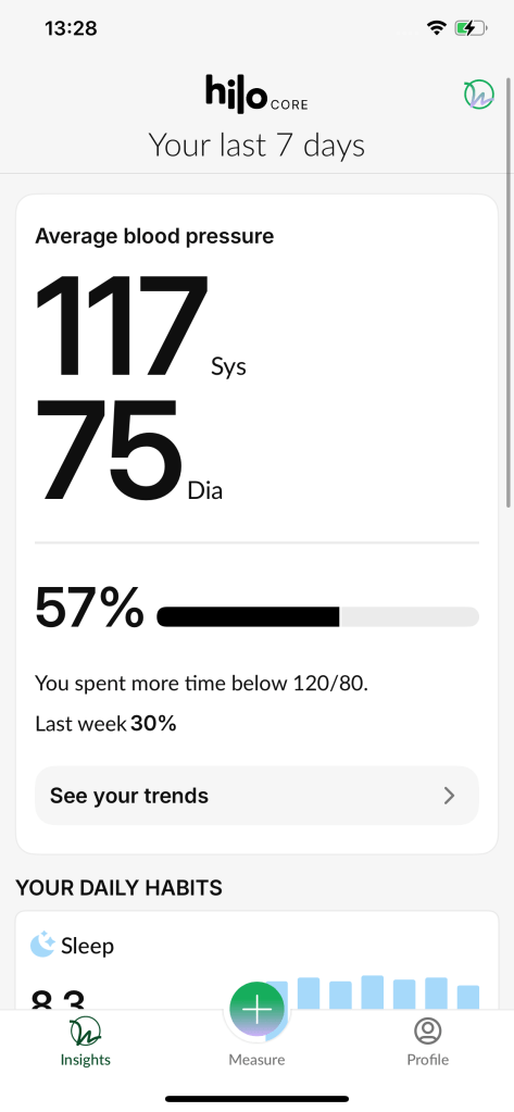 Hilo app blood pressure readings for seven days.