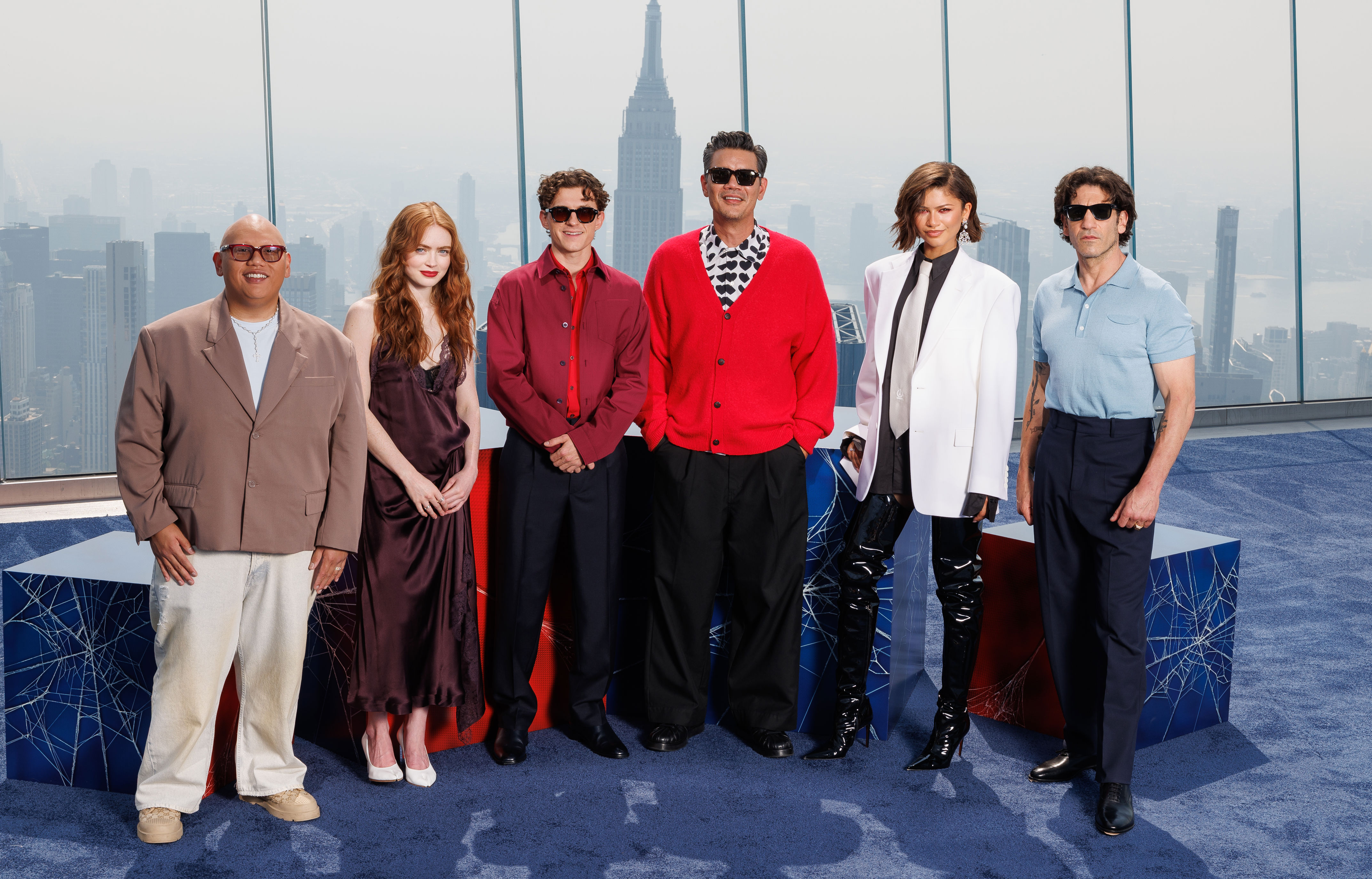In this image released on July 20, 2026, Jacob Batalon, Sadie Sink, Tom Holland, Destin Daniel Cretton, Zendaya and Jon Bernthal attend the Photo Call for Columbia Pictures'