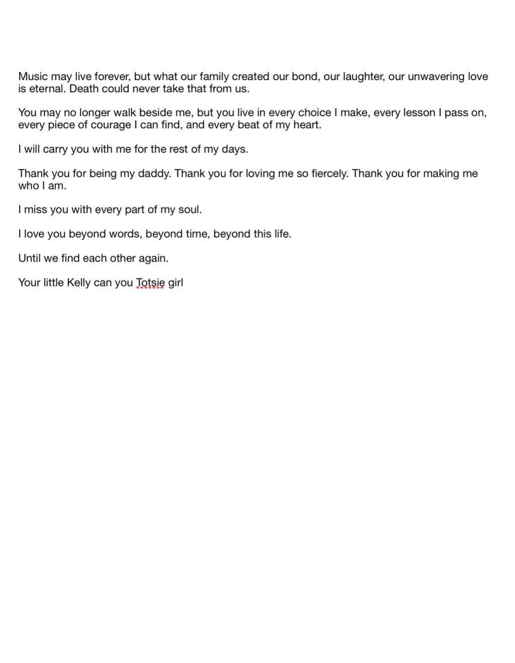 A letter from Kelly Osbourne mourning the death of her father, Ozzy Osbourne.