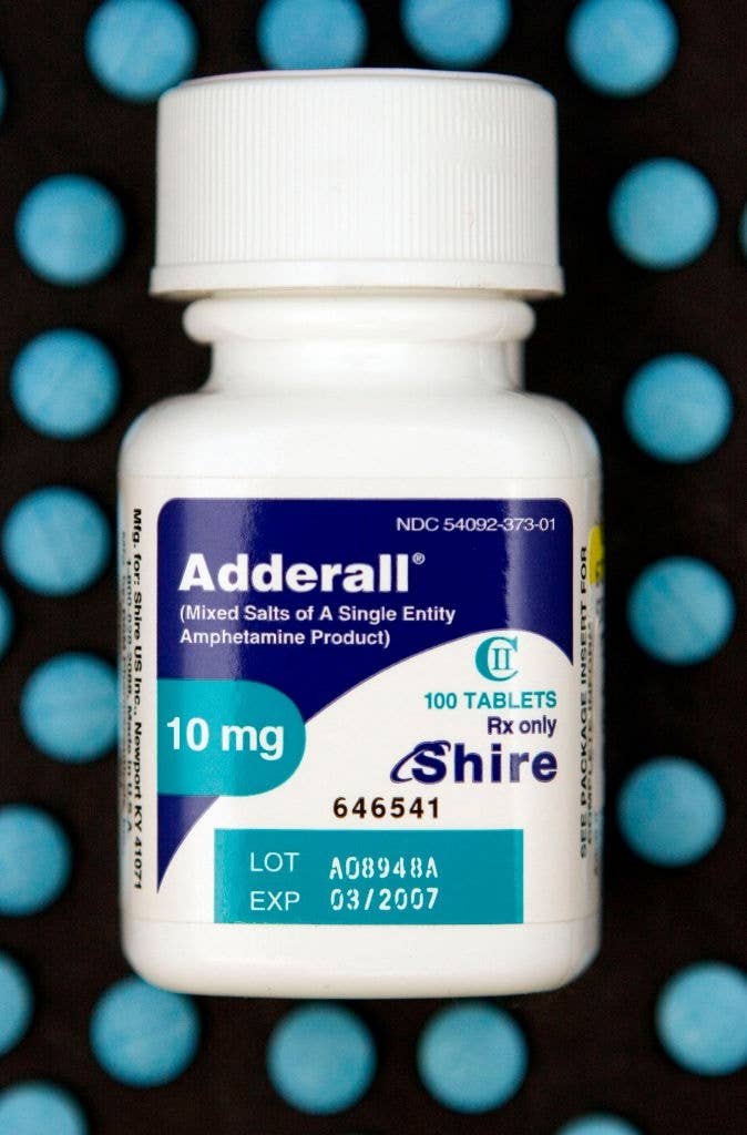 Bottle of Adderall labeled as mixed salts of a single entity amphetamine product with a 10 mg dosage. Lot: A08948A, Exp: 03/2007