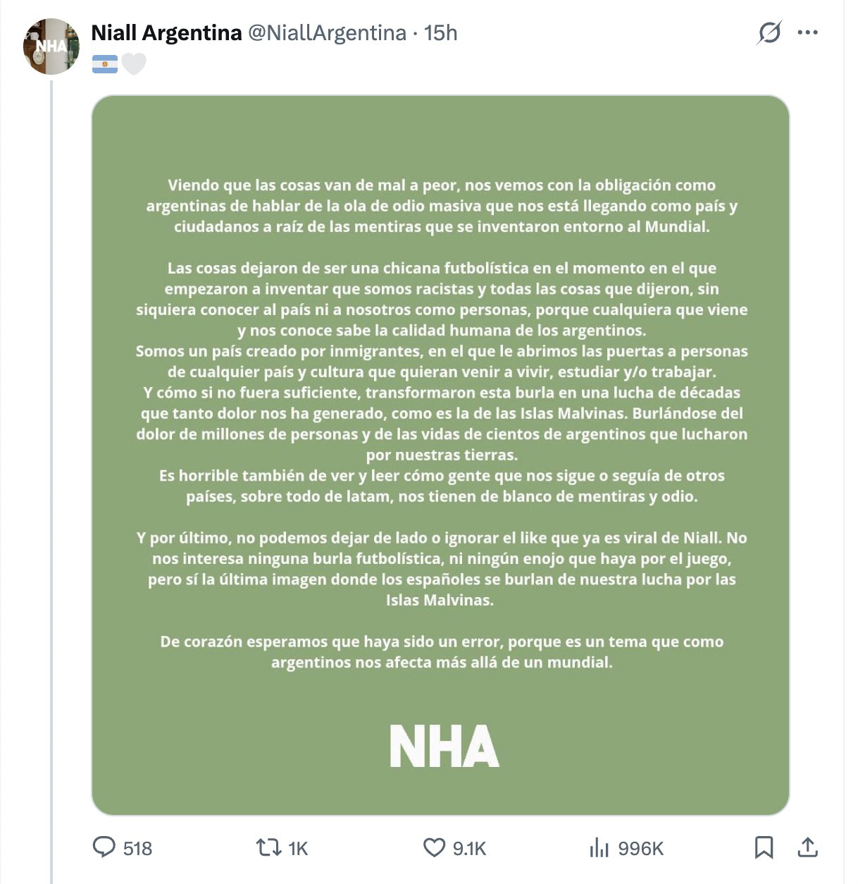 A post from X account Niall Horan Argentina