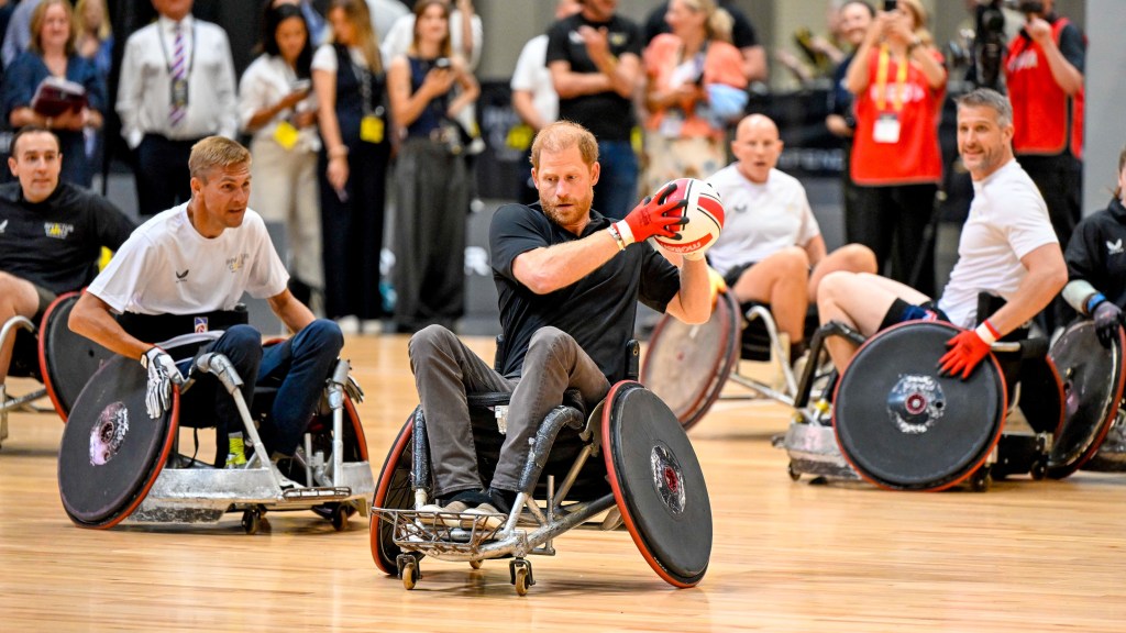 Prince Harry, in a black T-shirt and grey jeans, plays wheelchair rugby during the One Year to Go event for the Invictus Games Birmingham 2027.