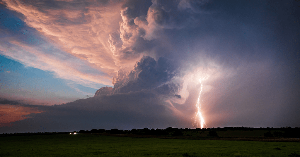 Supercell thunderstorm producing a tornado across the Texas plains