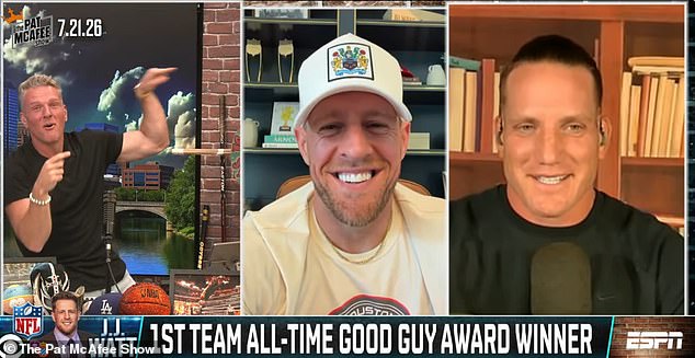 Pat McAfee was welcoming JJ Watt on the show to present him with an award on Tuesday