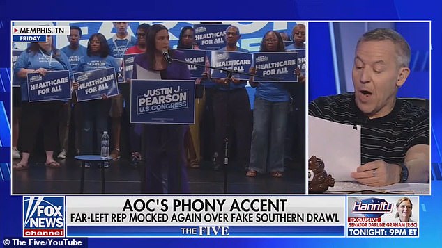 Greg Gutfeld made a joke about Congresswoman Alexandria Ocasio-Cortez's 'behind' on Monday after her appearance at a rally for a fellow progressive seeking to join the House of Representatives