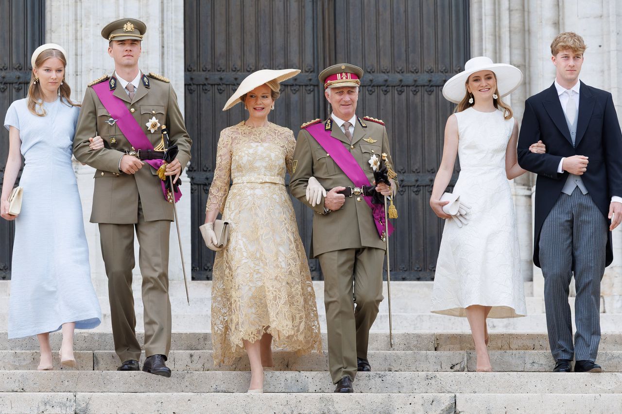 Belgium's Princess Eleonore, Belgium's Prince Gabriel, Queen Mathilde of Belgium, King Philippe - Filip of Belgium, Belgium's Crown Princess Elisabeth and Belgium's Prince Emmanuel